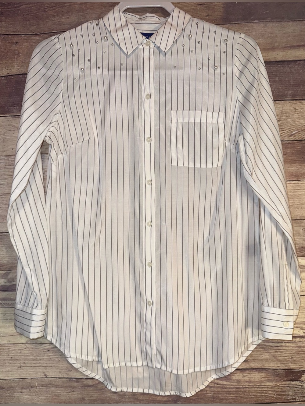 Apt. 9 White Button-Down Shirt with Navy Pinstripes